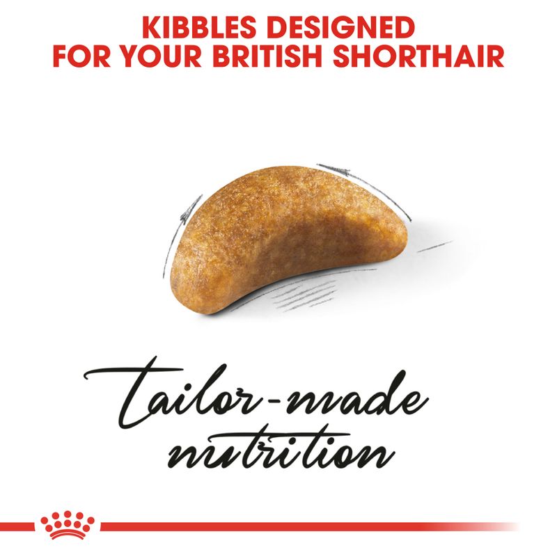 Cat food kibble with text 'Kibbles Designed for your British Shorthair' and 'Tailor-made nutrition' on a white background.