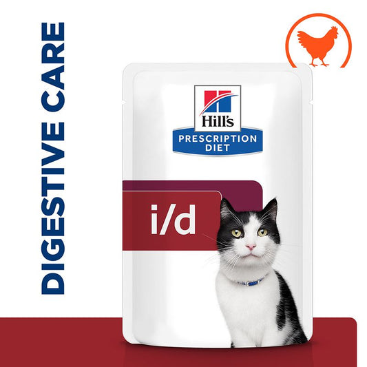 Hills Prescription Diet i/d cat food package with a cat on a white background