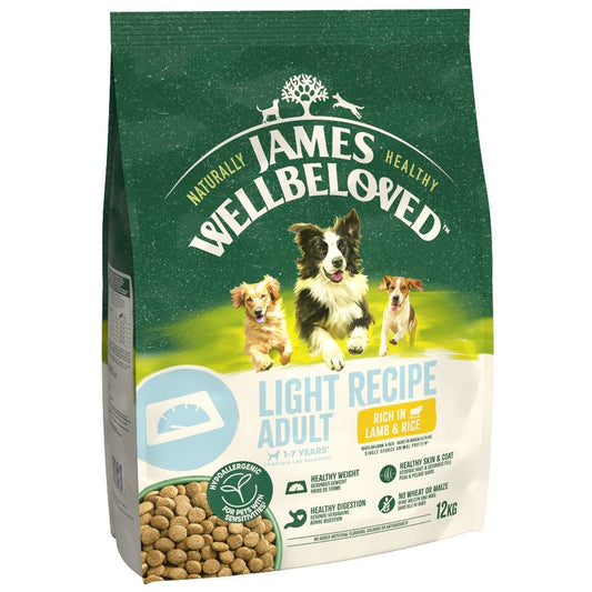 Bag of James Wellbeloved dog food with images of dogs on a green background