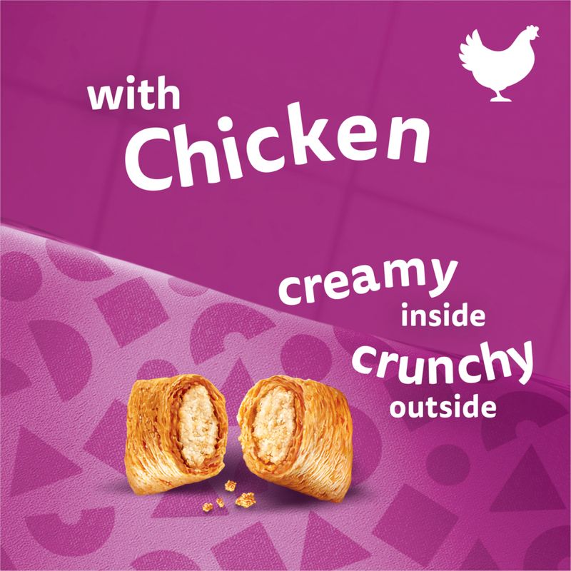Product packaging with chicken flavor text and a cut-open product showing creamy inside and crunchy outside on a purple background.