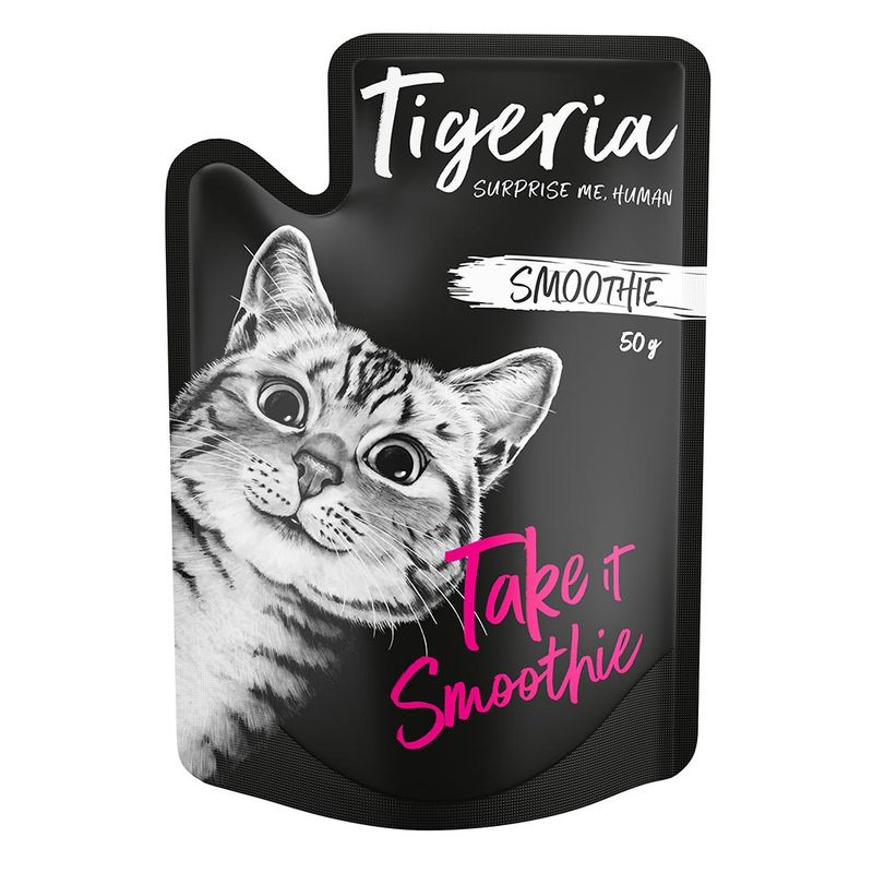 Tigeria Smoothie pouch with a cat illustration on a black background