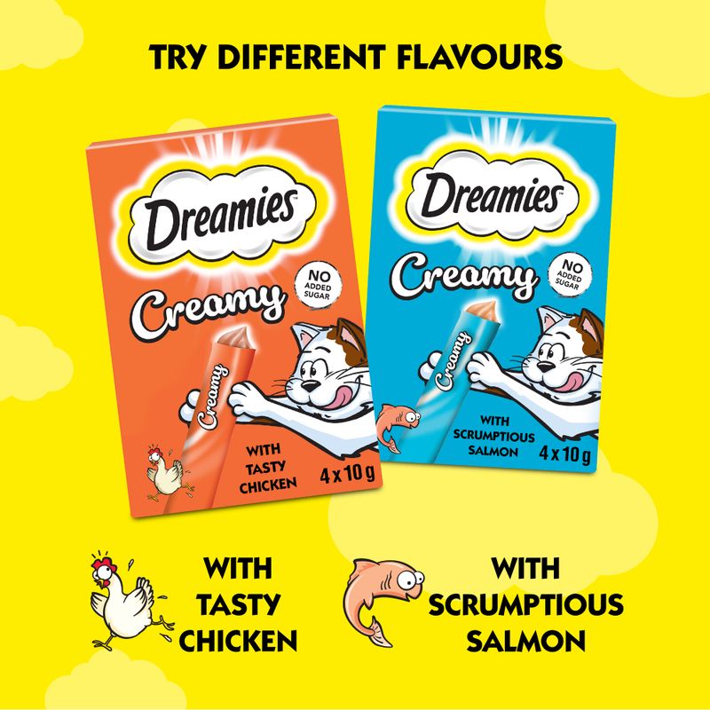 Two Dreamies cat food packages, one creamy with chicken and the other with salmon, on a yellow background.