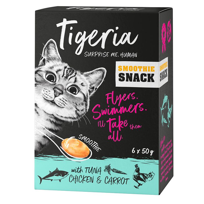 Tigeria smoothie snack packaging with a cat illustration and text on a black background