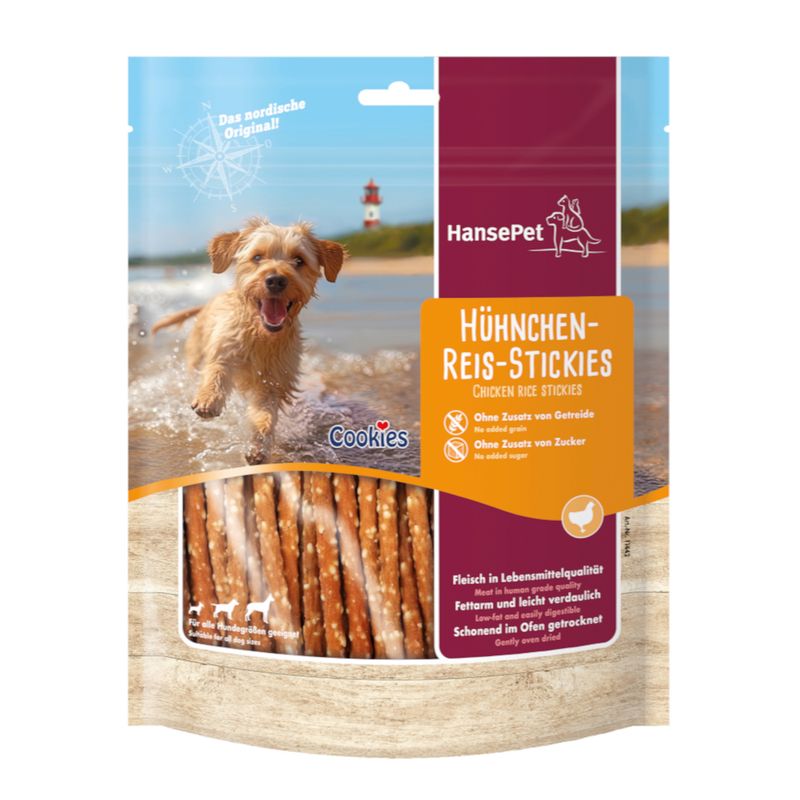 HansePet dog treat package with a dog running on a beach