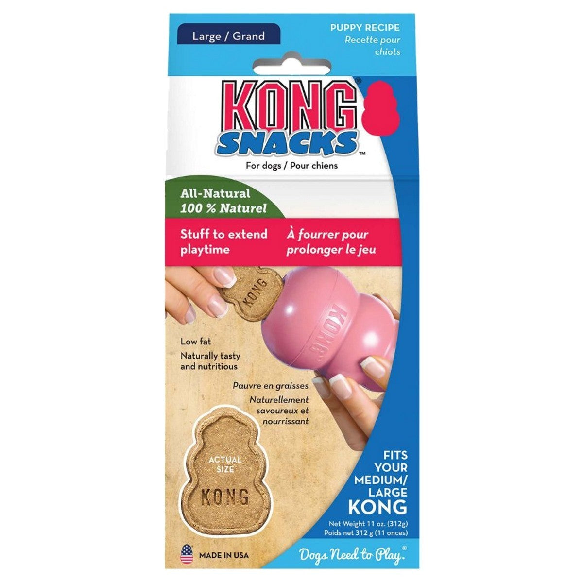 Kong Snacks packaging with a pink toy and dog treat on a white background