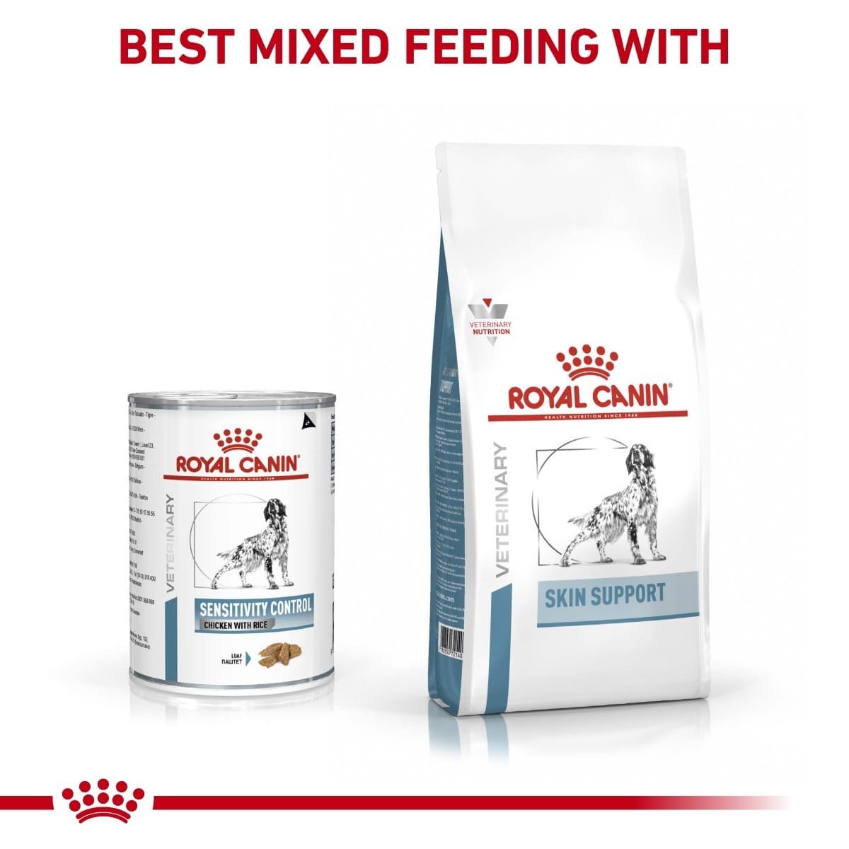 Royal Canin pet food products on a white background with text about mixed feeding.