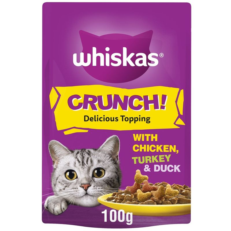 Whiskas Crunch! cat food packaging with a purple background
