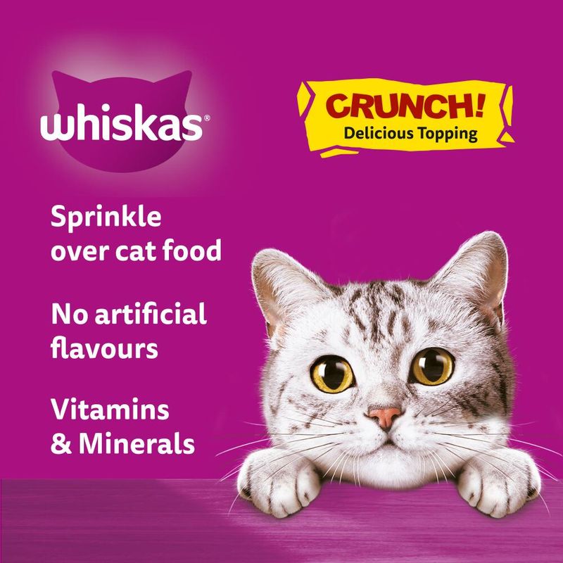 Whiskas cat food packaging with a purple background and a cat's face.