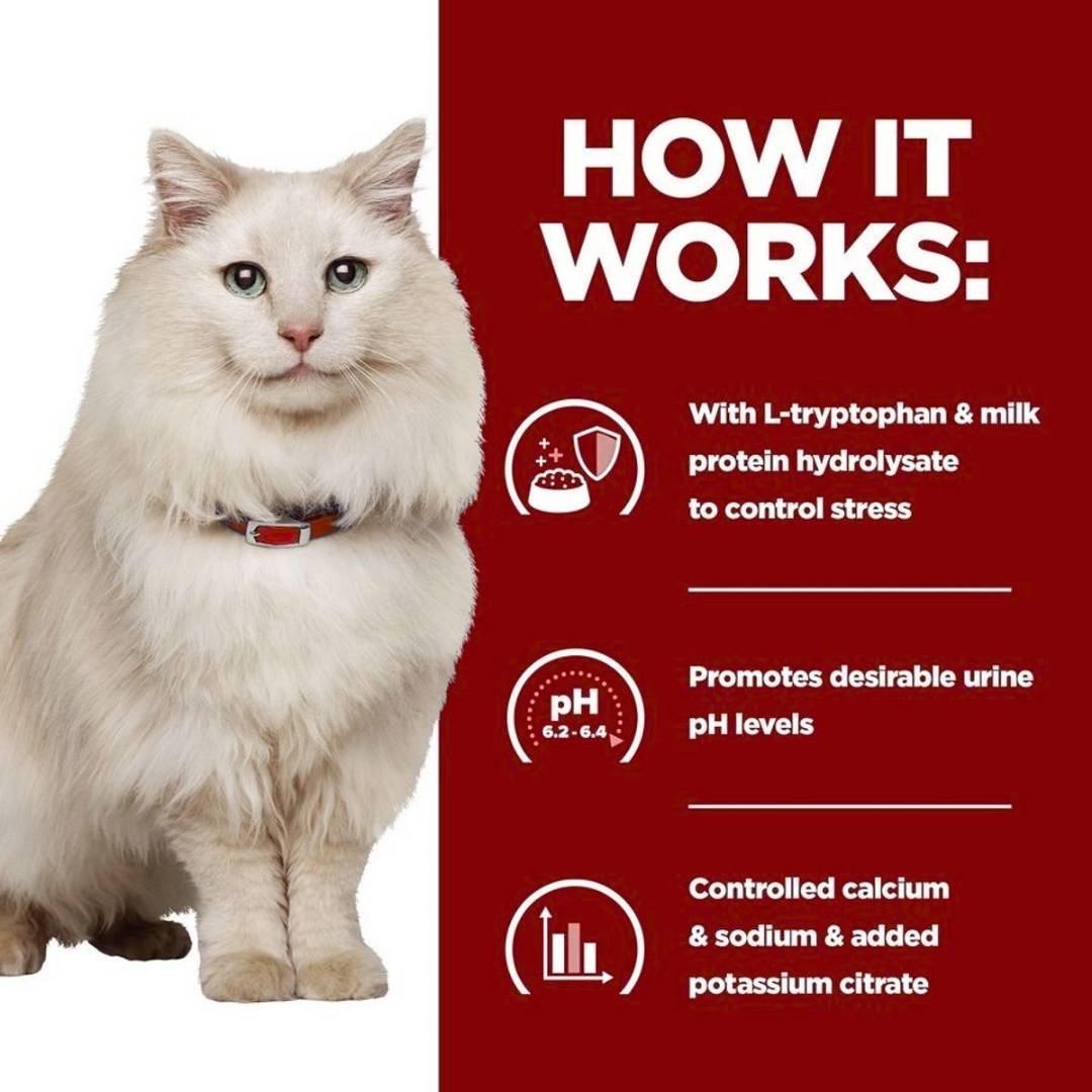 White cat with a red background and text about a product's benefits