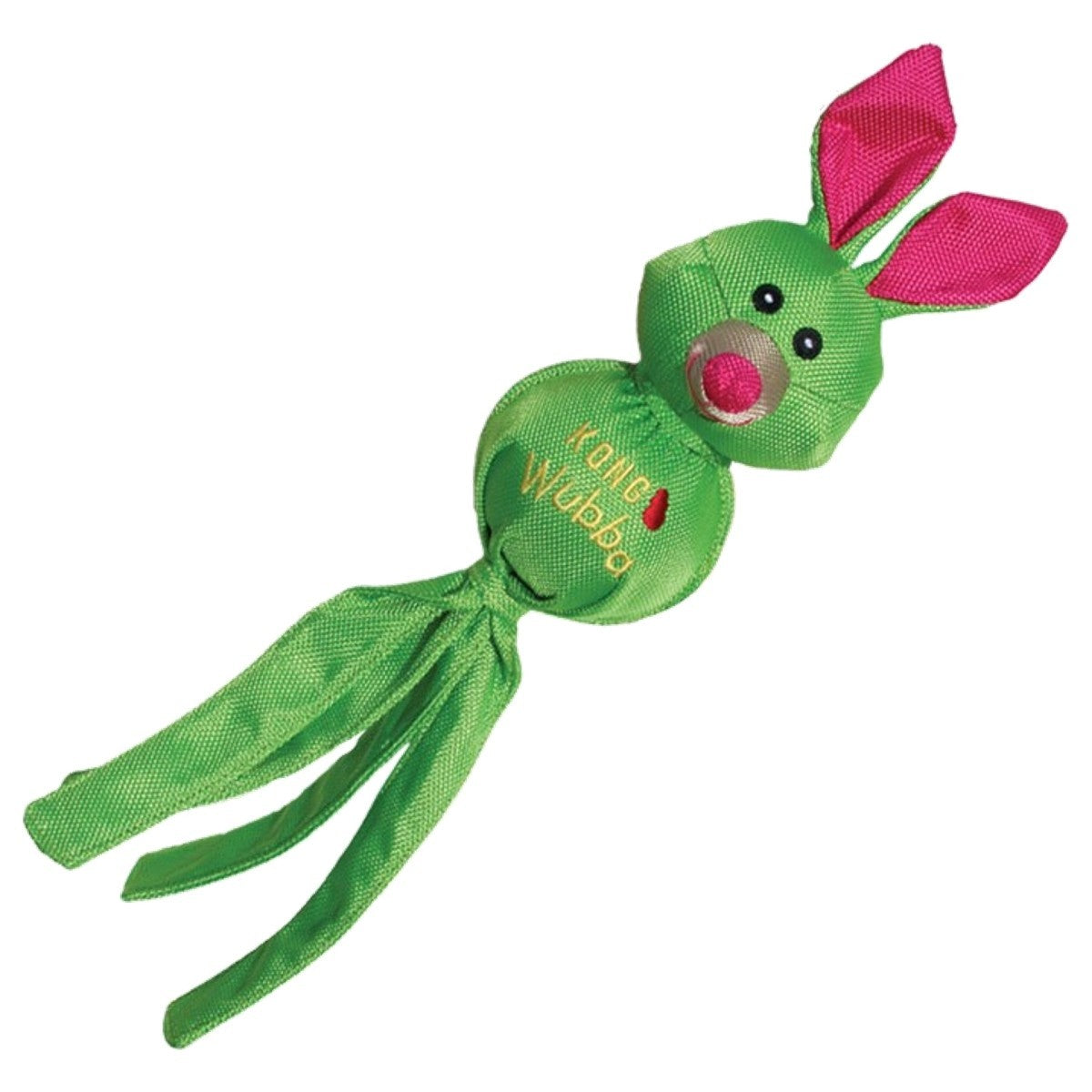 Green plush toy with pink ears on a white background