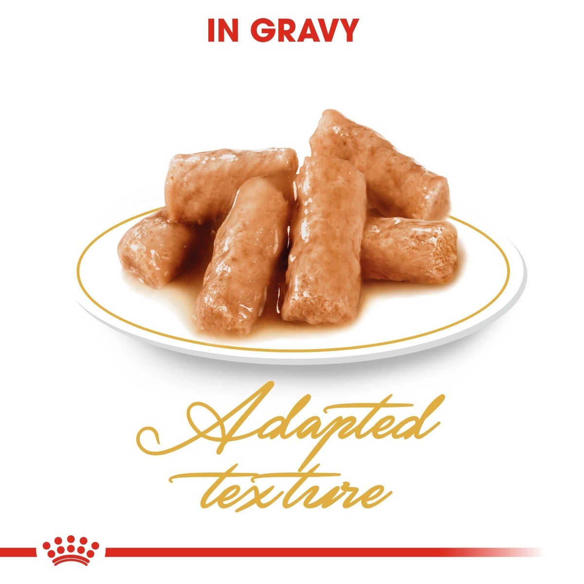 Meat rolls in gravy on a white plate with 'Adapted texture' text.