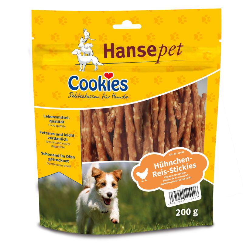 Packaging of Cookie's Delicatessen Chicken and Rice Stickies with a picture of the product and a dog on the front, brand name 'Hansepet' is visible.