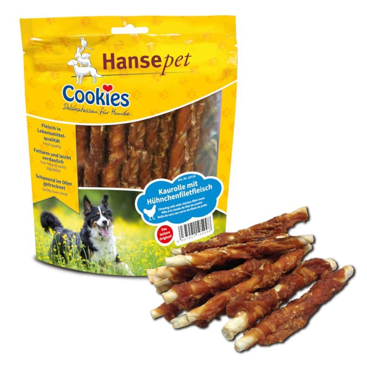 Hansepet Cookies dog treat package with treats displayed in front
