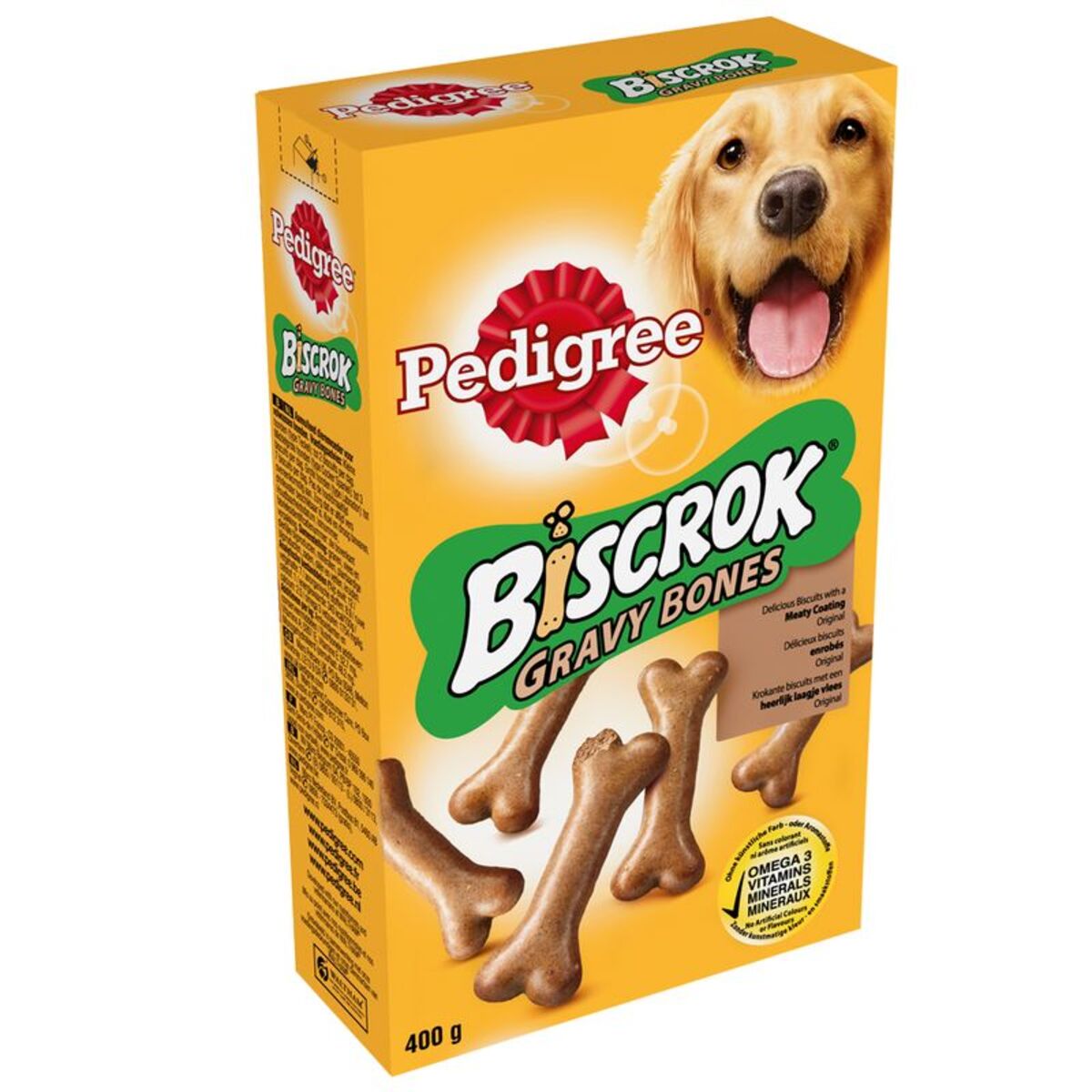 Box of Pedigree Biscrok Biscrok Gravy Bones dog treats with a dog on the packaging.