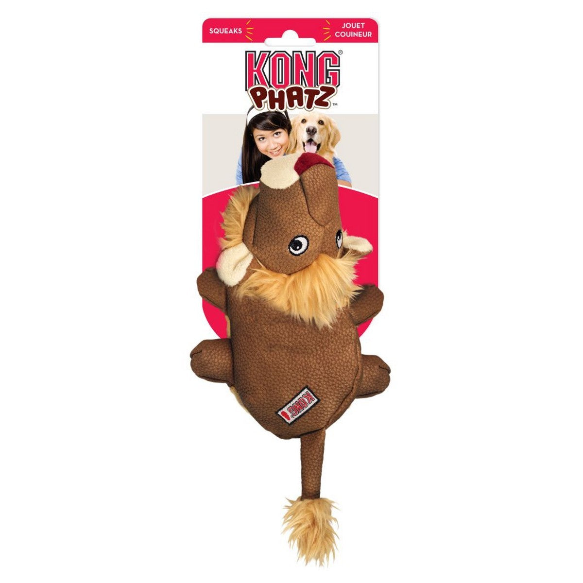 Dog toy shaped like a lion with packaging featuring a person and dog on a white background