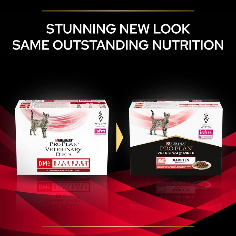 Two boxes of Purina Pro Plan Veterinary Diets on a reflective red surface with a black background.