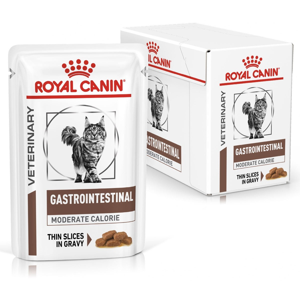 Royal Canin Veterinary Diet Gastrointestinal Moderate Calorie cat food packaging on a white background