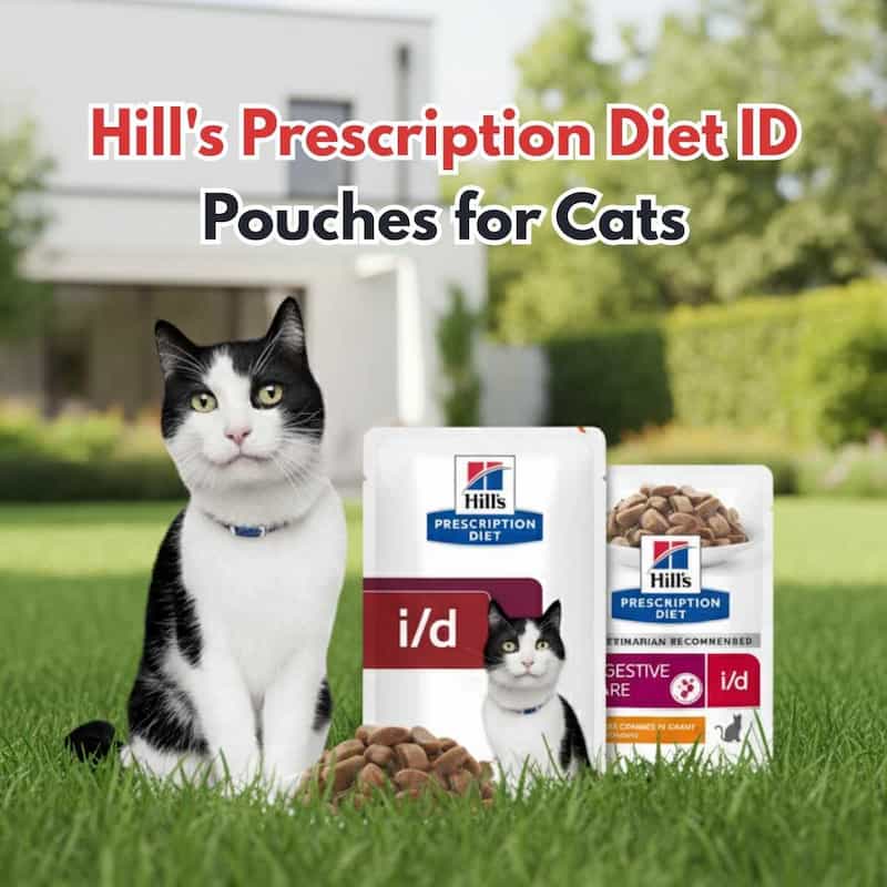 Cat sitting on grass with Hill's Prescription Diet ID pouches in the foreground