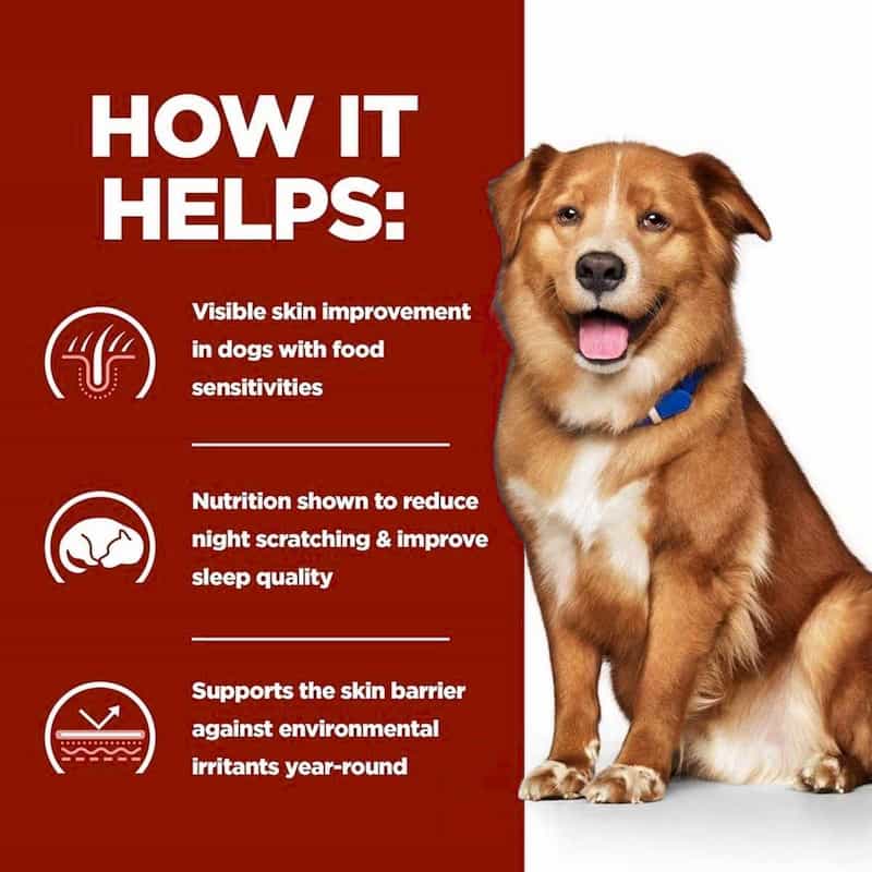 Dog with a red background and text about product benefits