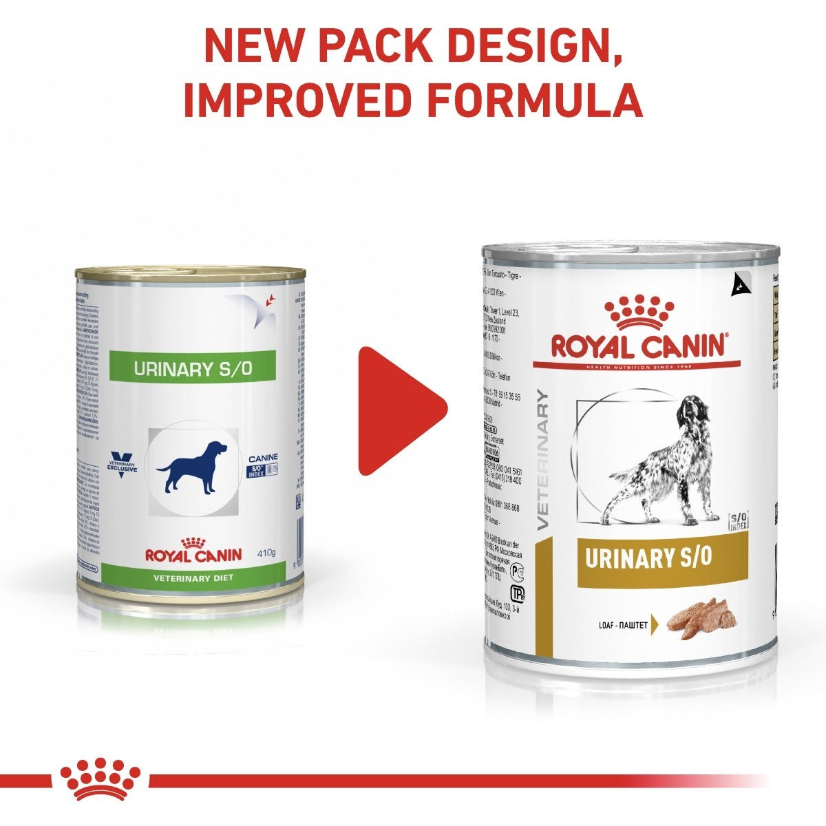 Two cans of Royal Canin Veterinary Diet on a white background with text about new pack design and improved formula.