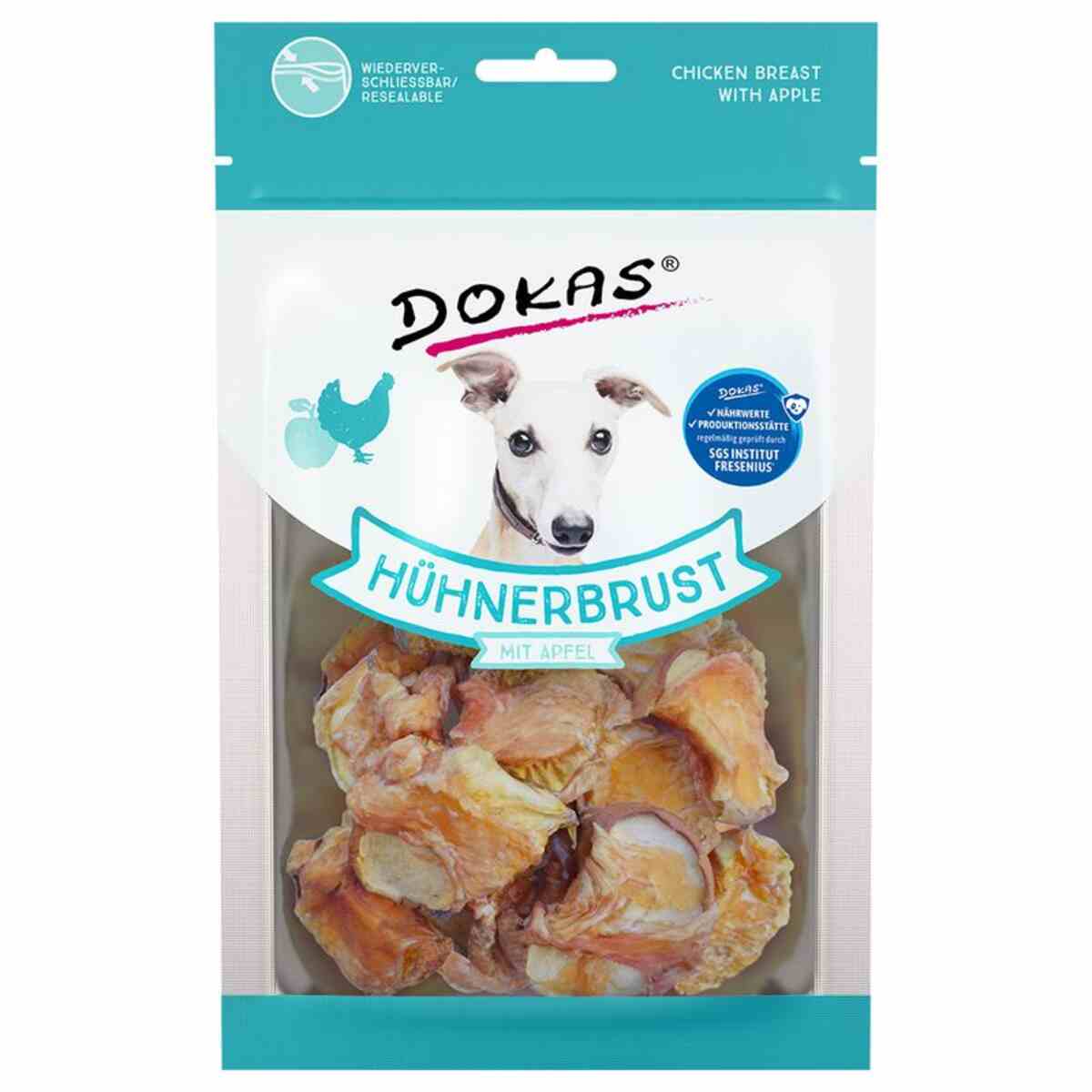 DOKAS dog treat package with chicken breast and apple flavor on a white background