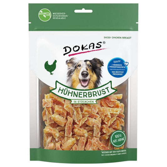 Package of Dokas dog treats with a chicken image on a white background