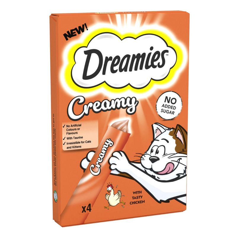 Dreamies Creamy cat treat packaging with cartoon cat and chicken illustration on an orange background.