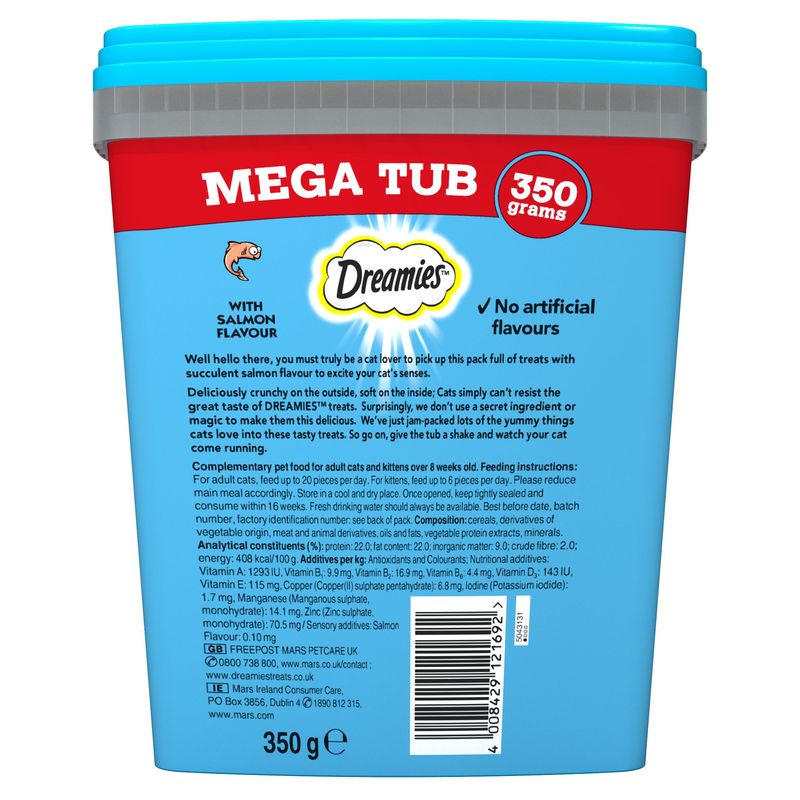 Dreamies cat treat mega tub packaging with blue and red design