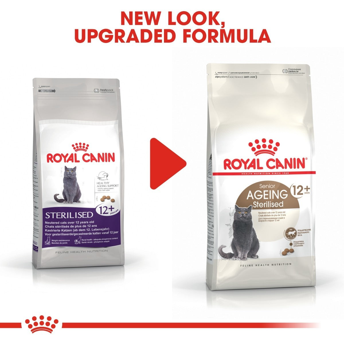 Two packages of Royal Canin cat food with text indicating a new look and upgraded formula.