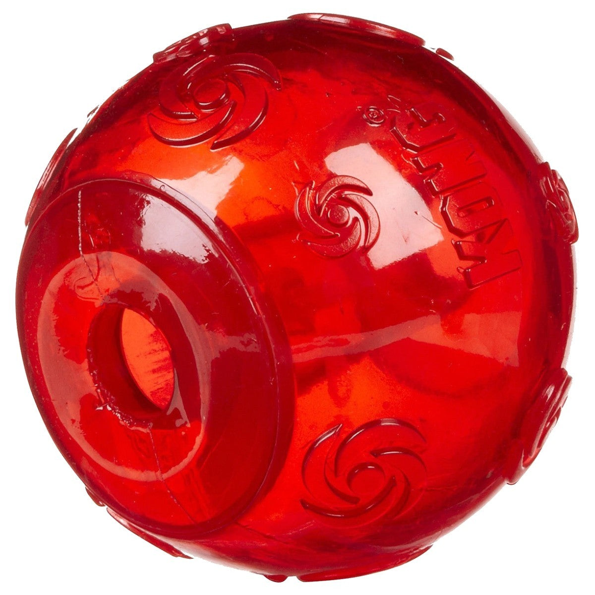 Red transparent ball with embossed patterns on a white background