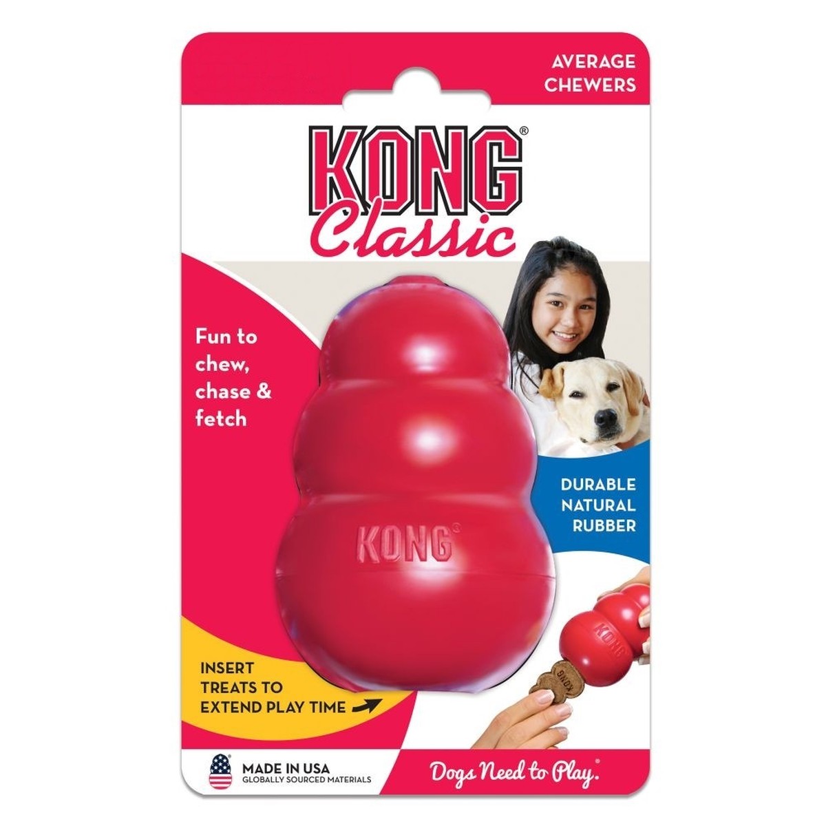 Kong Classic dog toy packaging with a red toy and text on a white background