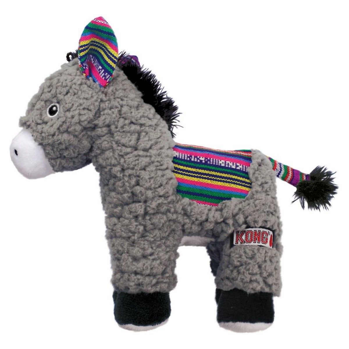 Plush donkey toy with colorful mane and tail on a white background