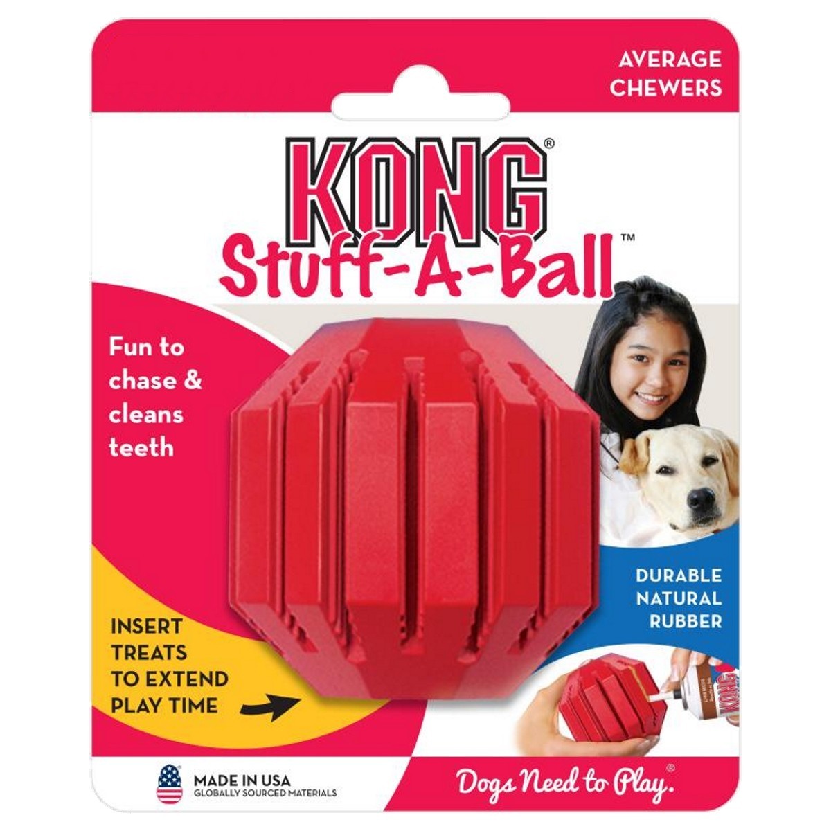 KONG Stuff-A-Ball dog toy packaging with red ball and text on a white background