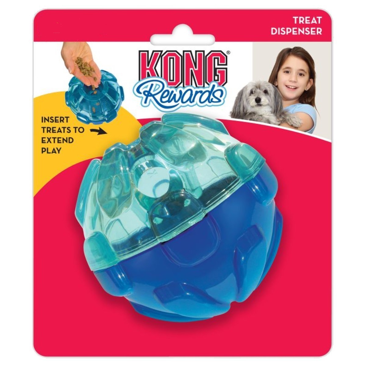 Kong Rewards treat dispenser toy packaging with a blue and clear ball design on a pink background.