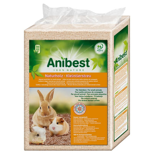 Anibest pet product packaging with rabbits and guinea pigs on a white background