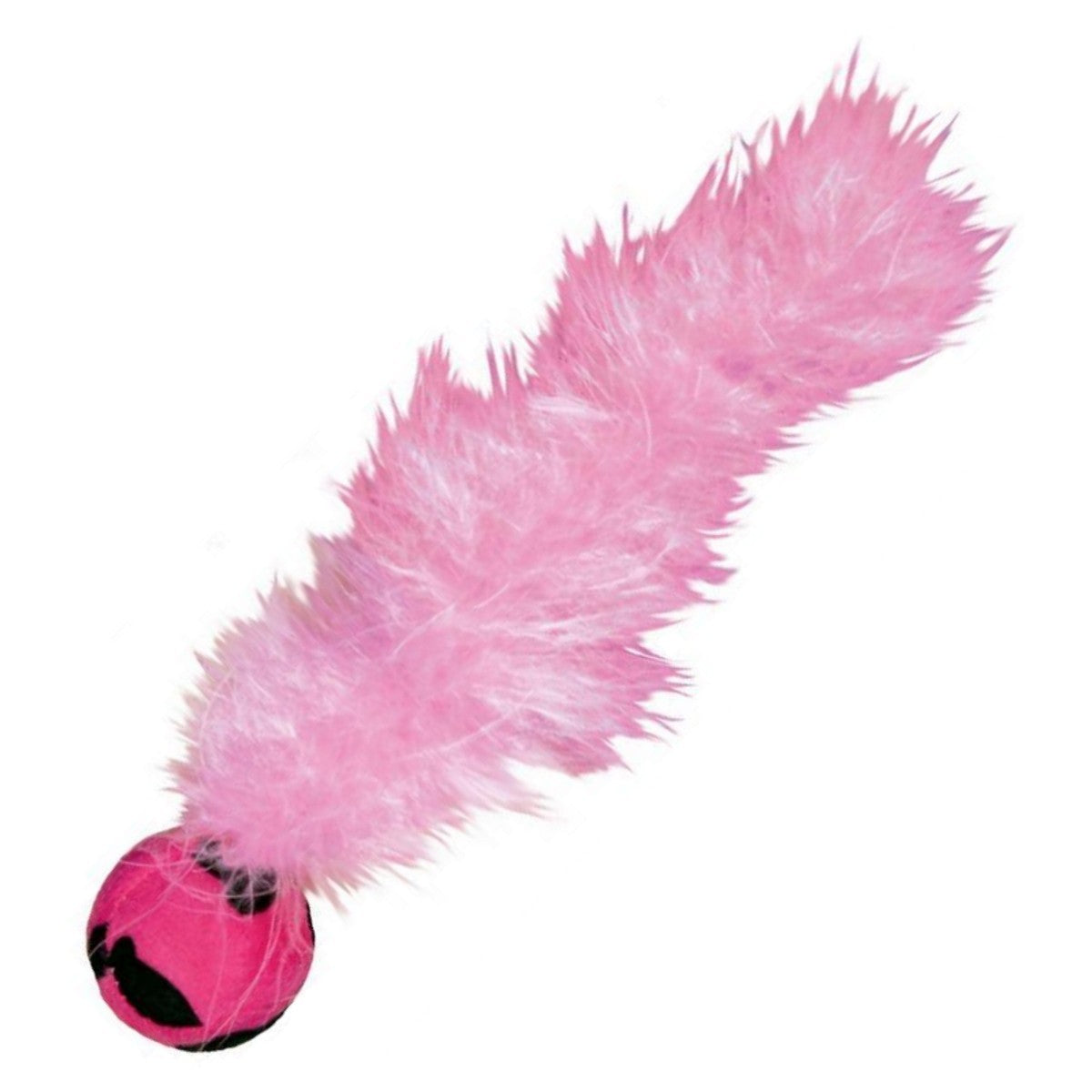 Pink feathered toy with a ball on a white background