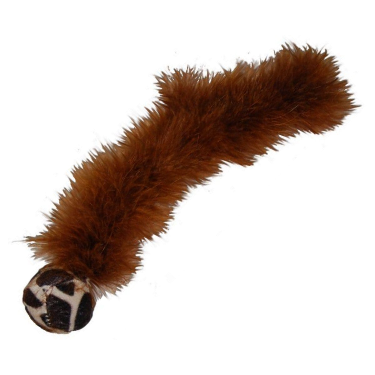 Brown plush toy resembling a snake with a paw at the end on a white background