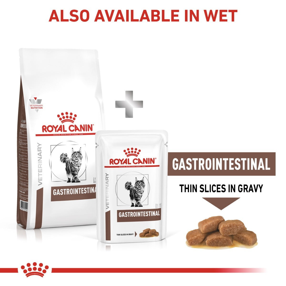 Royal Canin Gastrointestinal pet food packaging with text indicating availability in wet form.