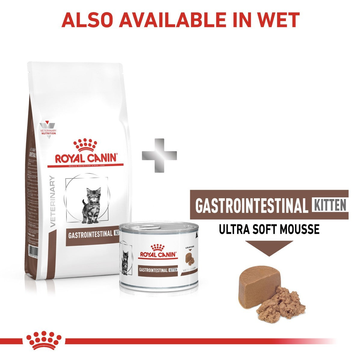 Royal Canin Gastrointestinal Kitten Ultra Soft Mousse packaging with text indicating wet food availability.