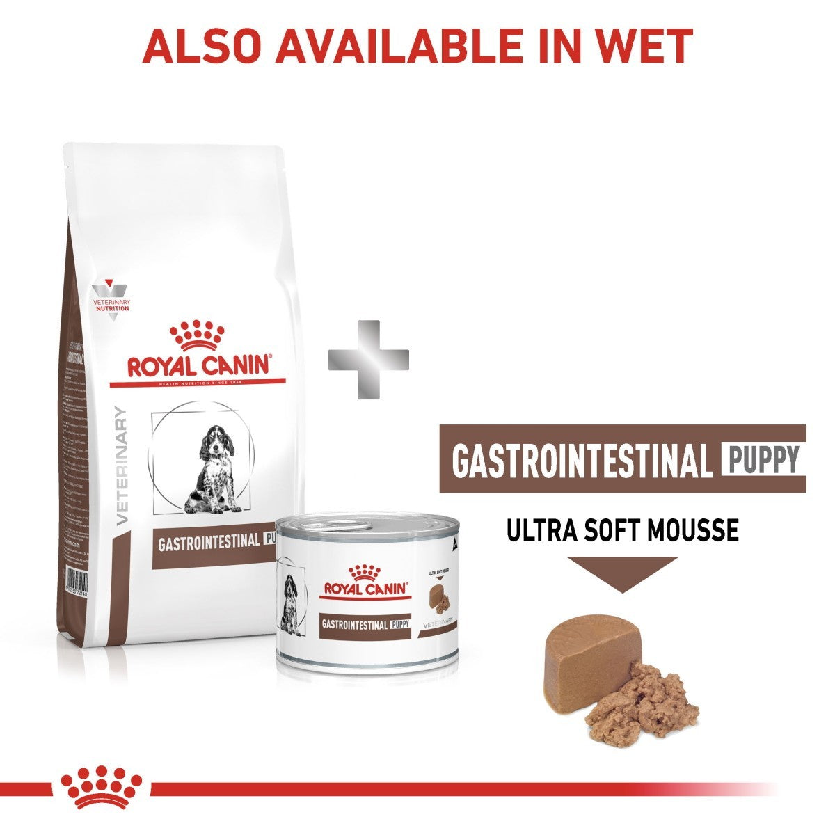 Royal Canin Gastrointestinal Puppy product with packaging and a can on a white background