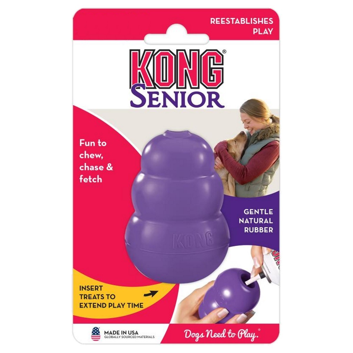 KONG Senior dog toy packaging with purple toy and text on a white background