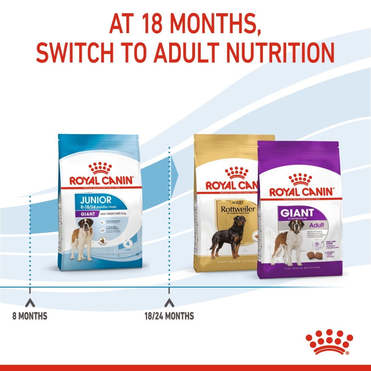 Royal Canin dog food packages for different life stages with text indicating switching to adult nutrition at 18 months.