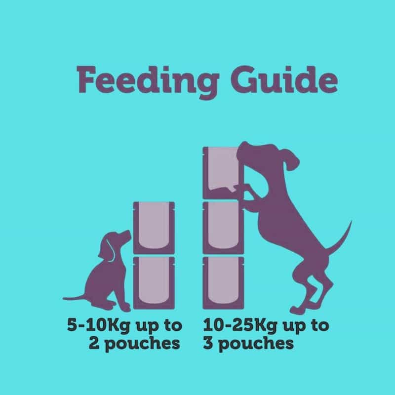 Feeding guide for dog food packaging with illustrations of dogs and text on a teal background