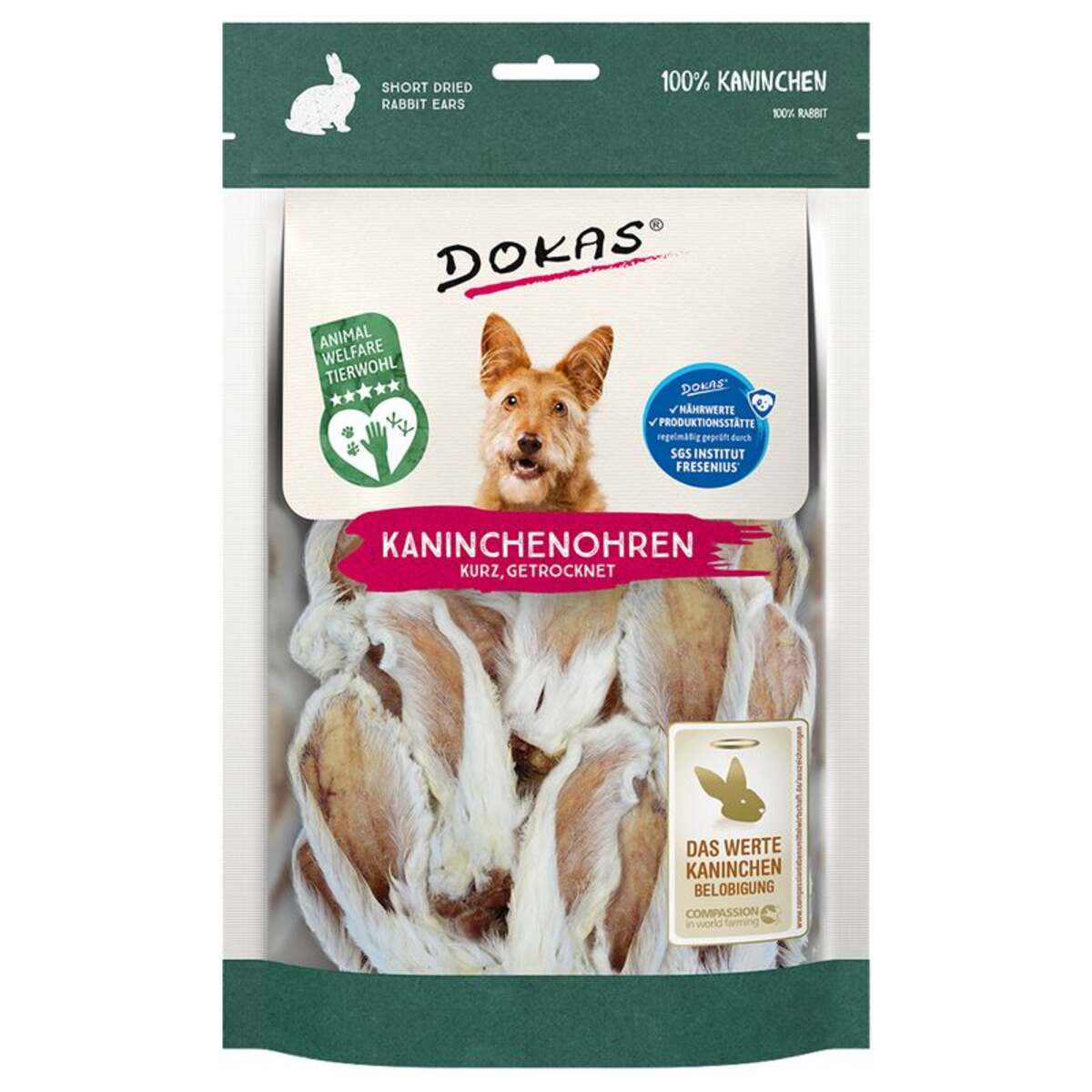 Package of Dokas dog treats with rabbit ears on a white background