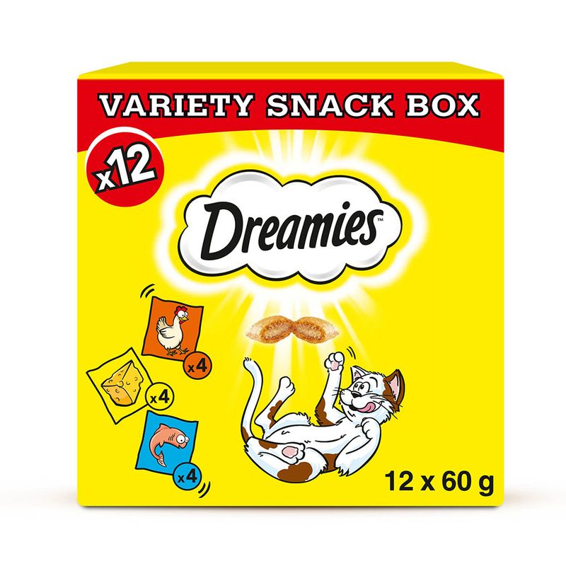 Dreamies cat food variety snack box packaging on a white background