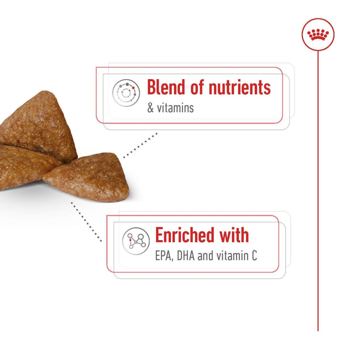 Dog food packets with text about nutrients and vitamins on a white background