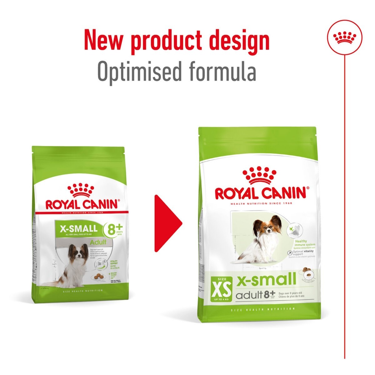 Two packages of Royal Canin X-Small dog food with a red arrow and text indicating new product design.