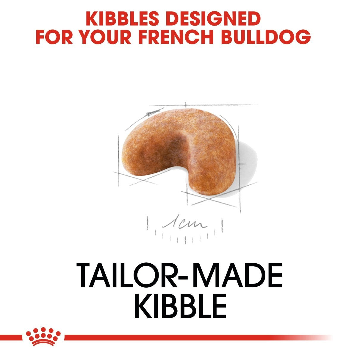 Tailor-made kibble for French Bulldogs with dimensions shown on a white background.