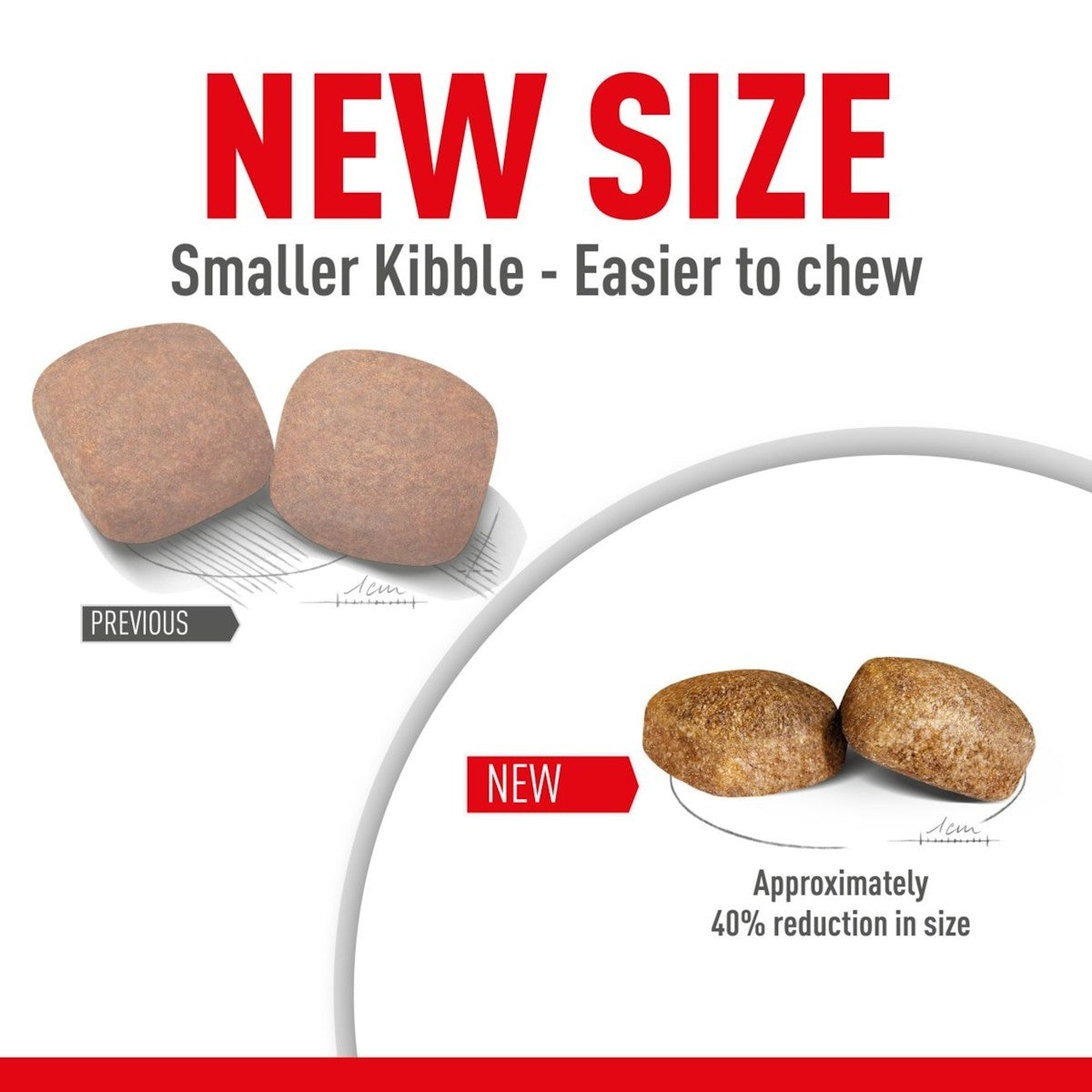 Advertisement showing a comparison of dog kibble sizes with text about new size and easier chewability.