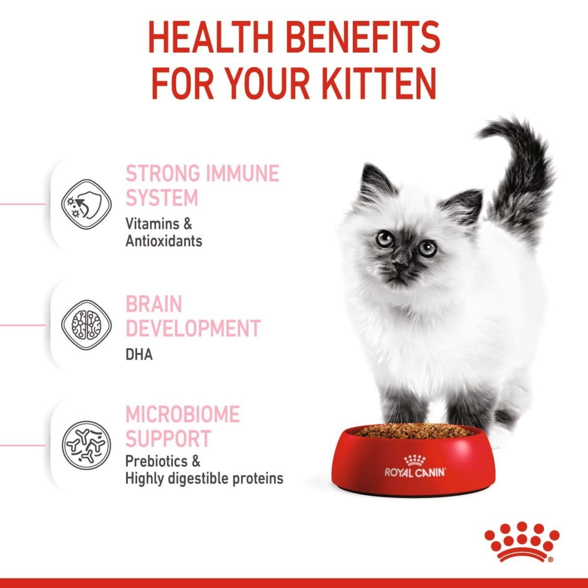 Advertisement for Royal Canin kitten food with a kitten and health benefits listed.